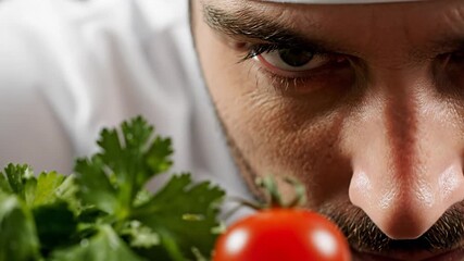 A professional chef intently inspects fresh ingredients, a vibrant tomato and green herbs.