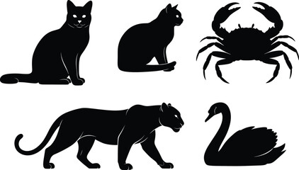 Animal silhouettes, cat, crab, panther, swan, wildlife shapes, black outline, vector animals, nature icons, 