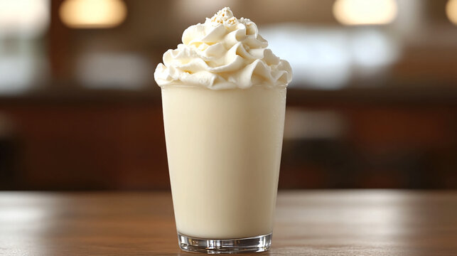 Indulge in a creamy vanilla milkshake topped with decadent whipped cream, the perfect treat for a hot day, tempting dessert, or celebratory indulgence