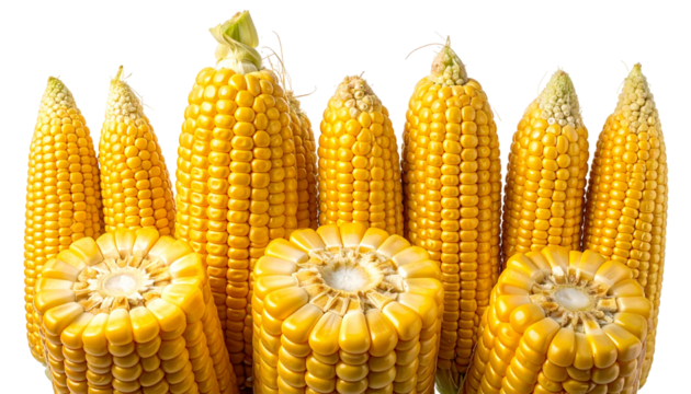 Close up of several yellow corn cobs, some whole, some sliced open