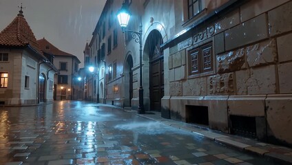Nighttime view of a wet cobblestone street with historic archway and blue streetlights - Powered by Adobe