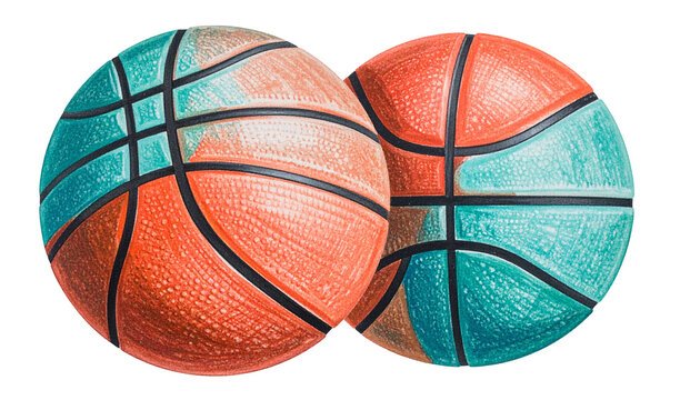 Two colorful basketballs, orange and teal, in a sketch style against a black background