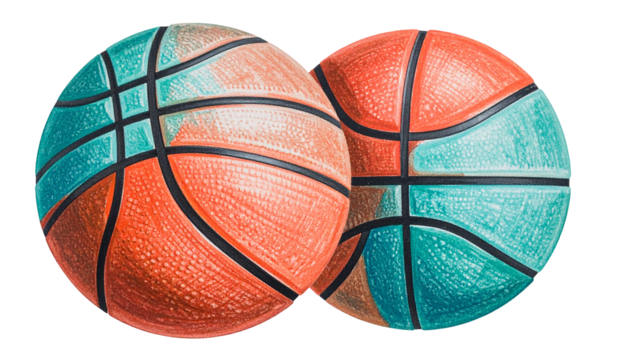 Two colorful basketballs, orange and teal, in a sketch style against a black background