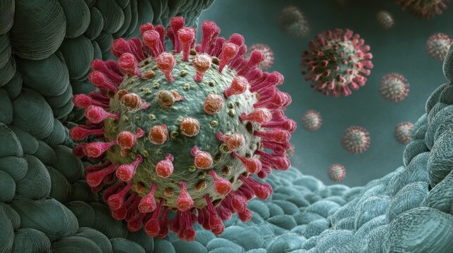 microscopic spiky virus particles cellular surface - Powered by Adobe