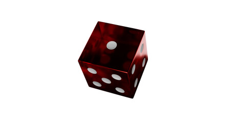 A red casino die with white dots rolling a one isolated on transparent background