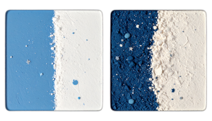 Two eyeshadow palettes split vertically with blue and white powders