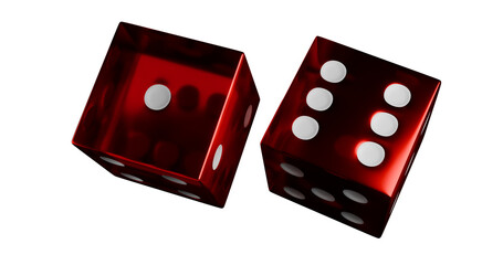 A red pair casino dices with white dots rolling a seven, isolated on transparent background