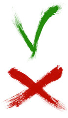 Red X and green check mark symbols made with brush strokes isolated on a transparent background