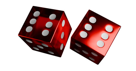 A red pair casino dices with white dots rolling a twelve, isolated on transparent background