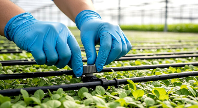 Farmer hands adjusting drip irrigation system in greenhouse for sustainable watering