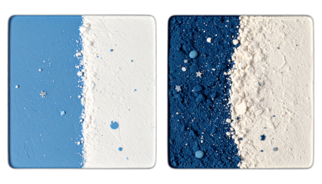 Two eyeshadow palettes split vertically with blue and white powders