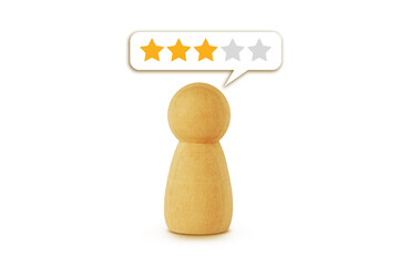 Wooden pawn and speech bubble with three stars - Concept of feedback and customer satisfaction