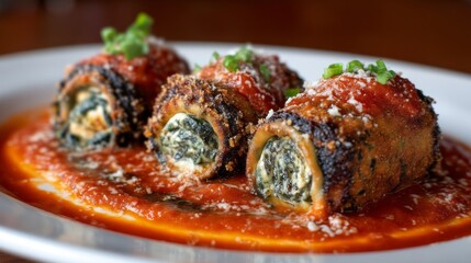 Savory spinach and ricotta ravioli sit beautifully atop vibrant tomato sauce, garnished with fresh herbs. A feast for the eyes, this dish invites you to indulge in traditional flavors