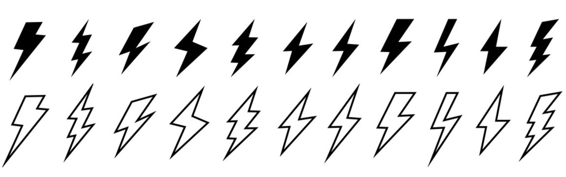 Lightning bolt icon. Flash symbol, thunderbolt, blitz lightnings strike sign. Electric energy black silhouettes, power concept. Vector isolated dynamic sports logo set grass silhouette vector - Powered by Adobe