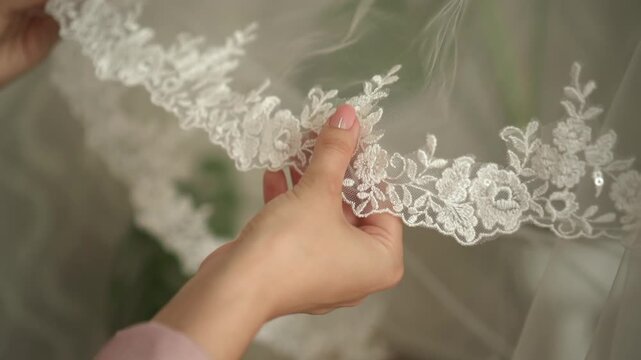 the bride strokes a white veil with her hands