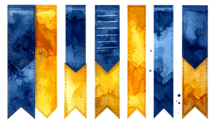 Watercolor-style bookmarks with blue and yellow hues, stitched edges and textures