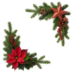Festive christmas corner decorations with evergreen branches red poinsettia and star ornaments