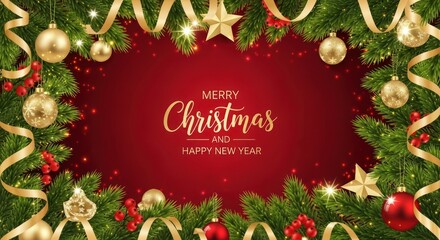 Festive Christmas and Happy New Year greeting card with fir branches, golden ribbons, stars, and ornaments on a red background.