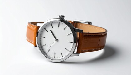 Minimalist wristwatch with white face, black hour markers and hands, silver case, and brown leather strap; time set to 10:10, placed on a light gray surface with soft shadow.