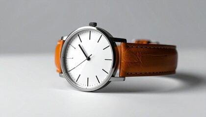 Minimalist wristwatch with white face, black hour markers and hands, silver case, and brown leather strap; time set to 10:10, placed on a light gray surface with soft shadow.