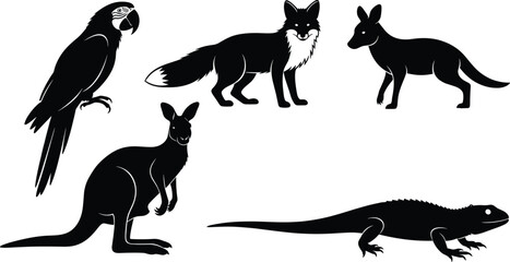 Animal silhouettes, parrot, fox, kangaroo, wallaby, lizard, black shapes, wildlife icons, nature creatures, biodiversity, vector art, isolated