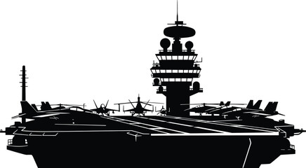Black silhouette of aircraft carrier with fighter jets and helicopter, aircraft carrier, silhouette, black and white, military, navy, warship, fighter jet, airplane, helicopter, deck, flight deck, avi