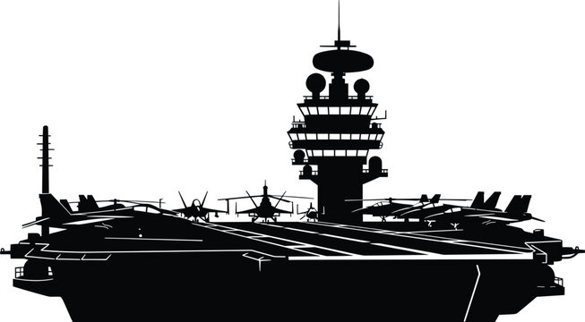 Black silhouette of aircraft carrier with fighter jets and helicopter, aircraft carrier, silhouette, black and white, military, navy, warship, fighter jet, airplane, helicopter, deck, flight deck, avi