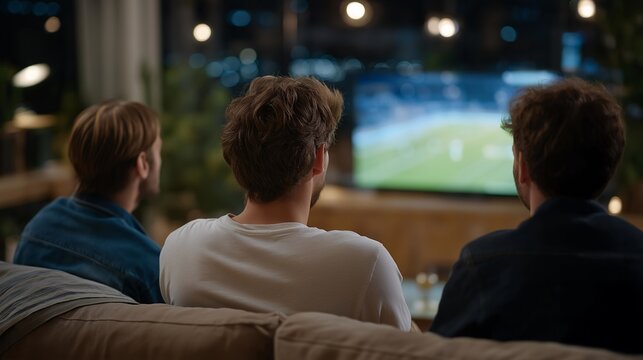 Sports fans gathered in a cozy living room illuminated only by the flickering TV glow, eyes fixed on the screen in tense silence — the air filled with anticipation, shared emotion, and the