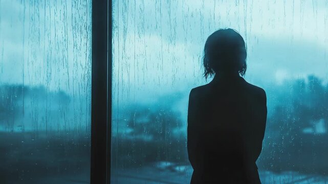 A woman silhouette stands beside a fogged window with raindrops, surrounded by soft city light, expressing emotion, reflection, and cinematic mystery through color, shadow, and gentle melancholy mood