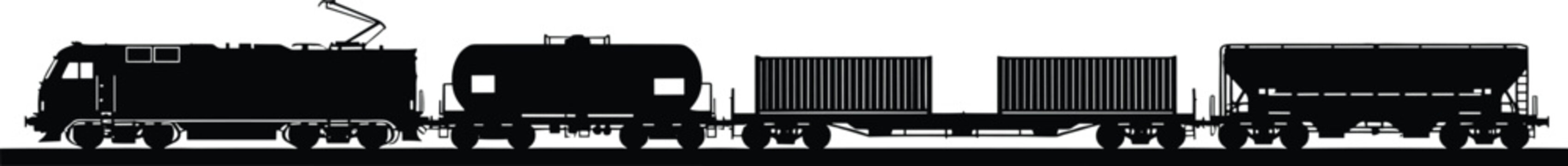 Black silhouette of an electric locomotive and freight train, train, locomotive, freight, cargo, transportation, transport, railway, railroad, electric, silhouette, black, white, industrial, engine, c