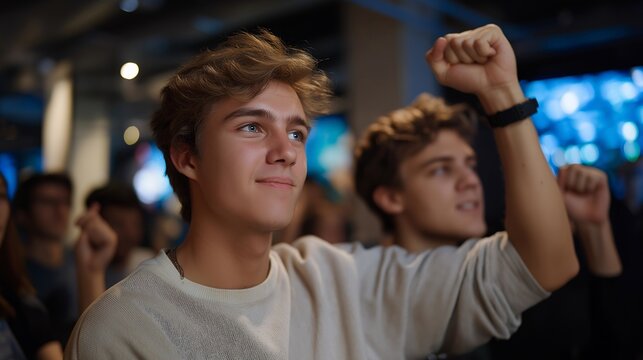 In a dark, neon-lit room, esports fans react to a tournament win with glowing screens and raised fists — modern digital fandom filled with emotion, energy, and shared connection. cinematic color