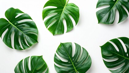 Single glossy green Monstera leaf with natural holes and splits, placed against a clean white background; detailed veins and speckled texture highlight botanical elegance.