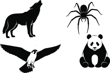 Animal silhouettes, wolf, spider, bird, panda, black shapes, wildlife icons, nature creatures, vector art, isolated animals, illustration