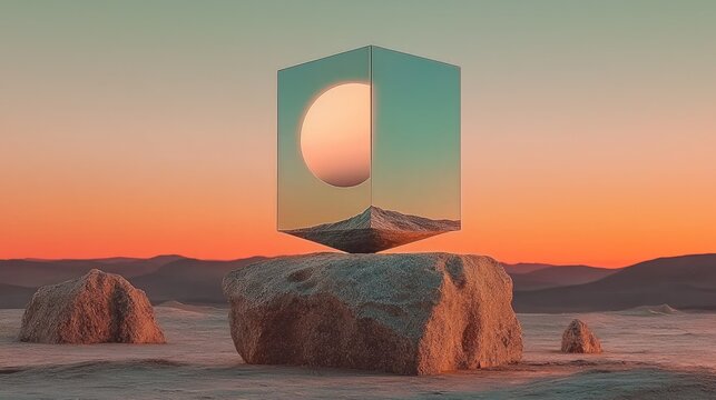 Reflective cube balanced on a large rock formation at sunset.