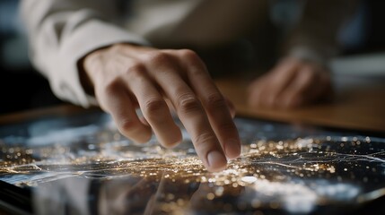 Close-up of hand interacting with holographic-inspired AI interface — representing machine learning, high-tech work environment, and inspirational tech-focused content for professional or