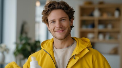 Smiling cleaning specialist entering a cozy apartment holding eco-friendly detergents and microfiber tools — friendly and approachable image showcasing professionalism and customer-oriented service
