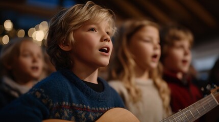 Fototapeta premium Group of children at a shelter singing Christmas carols while volunteers accompany them with guitars — an emotional and heartwarming celebration of unity, music, and shared happiness despite life’s