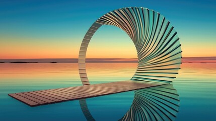 Abstract glass archway structure over tranquil water.