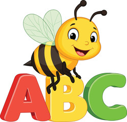 Cartoon bee on ABC letters, educational illustration, colorful, cheerful, kids, learning, alphabet, playful, character, red, yellow, g