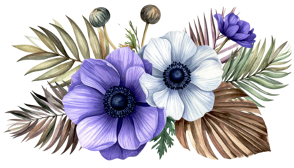 Watercolor floral arrangement with anemones, dried palms, and greenery
