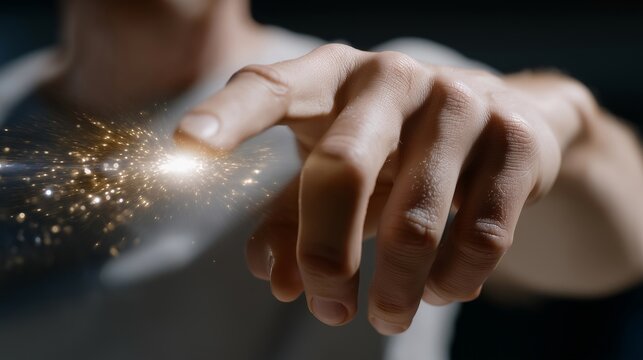 Close-up of hand interacting with holographic-inspired AI interface — representing machine learning, high-tech work environment, and inspirational tech-focused content for professional or - Powered by Adobe