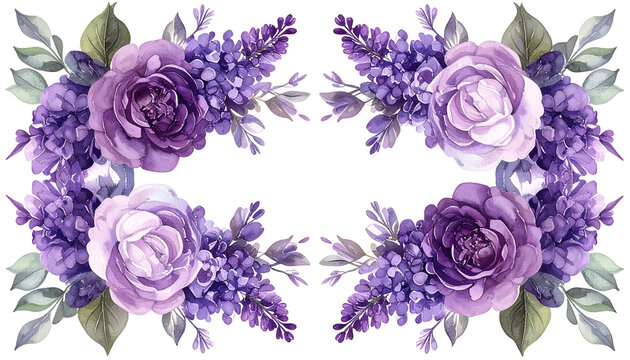 Watercolor floral frame featuring purple roses and lavender with green leaves