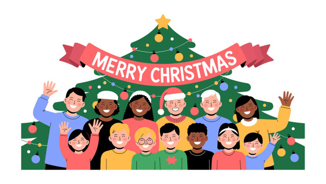 Warm Wishes for the Holidays: A diverse and joyful group gathers in front of a festive Christmas tree, sharing the warmth of the holiday season and spreading goodwill and cheer.