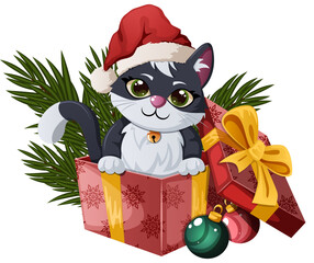 Cat in Gift Box with Ornaments & Pine Branches. Cute Christmas Composition Isolated Graphic
