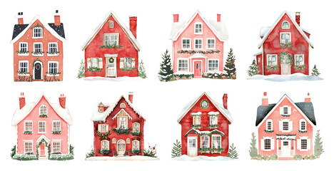 PNG Charming winter village illustration, element set on transparent background