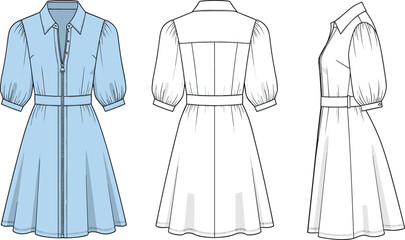 Cad drawing flat vector illustration of women&rsquo;s button-down dress featuring front, back, and side technical fashion sketch with detailed seam and zipper design