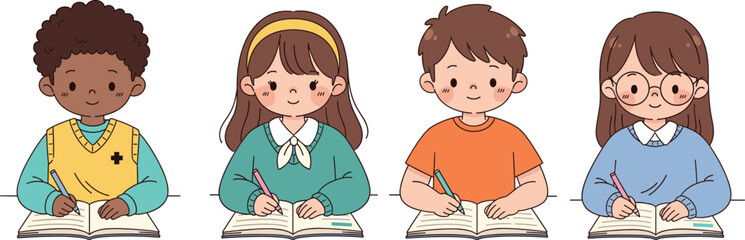 Cartoon children, writing books, classroom scene, diverse students, learning activity, vector illustration, education theme, isolated characters, stock image