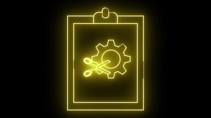 A yellow neon clipboard icon with a gear being cut by scissors on a black background - Powered by Adobe
