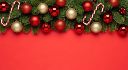 Festive Christmas arrangement featuring evergreen branches, ornaments, and candy canes on a red background.