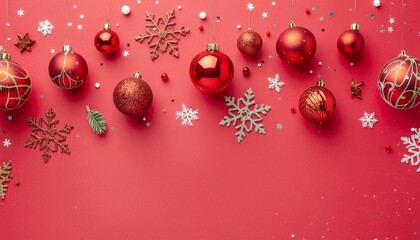 Marco con una temática marcadamente navideña y festiva, Un rojo vibrante y profundo que ocupa el centro de la composición, sirviendo como un espacio vacío ideal para texto o contenido.